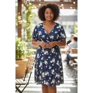 FORTUNE + IVY Women's 2X NWT Blue & White Floral Short Sleeve Wrap Midi Dress